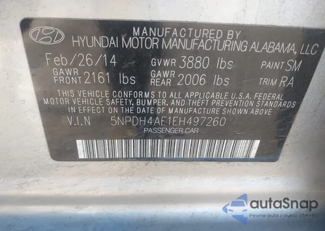 2014 Hyundai Elantra Limited z USA, uszkodzony, nr VIN 5NPDH4AE1EH497260